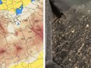 Da sinistra: la mappa delle correnti nordafricane e gli effetti delle polvere color ocra sulle auto a Varese (foto dal Centro Geofisico Prealpino)