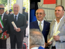 Nella foto a sinistra, Alessandro Albani con Danilo Francesco Guerini Rocco (a sinistra) e Sergio Ferrario. Nell'altra foto, Giovanni Colombo con la pergamena e, alla sua destra, il prefetto Salvatore Pasquariello