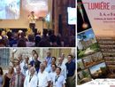In alto a sinistra il &quot;nostro&quot; Filippo Fagnani sul palco dell'evento Lumiére et Laser. Sotto una foto di gruppo dei relatori e a fianco la locandina del convegno