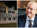 Lo striscione di contestazione. A destra: il ministro Valditara
