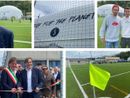 Claudio Milanese, patron della Solbiatese, all'inaugurazione del nuovo centro sportivo di Solbiate Arno, il taglio del nastro con il sindaco Battiston e il vice presidente del consiglio regionale Cosentino, i giocatori della Solbiatese Scapinello, Mondoni e Torraco sui nuovi campi e il pallone con i 3 campi da padel