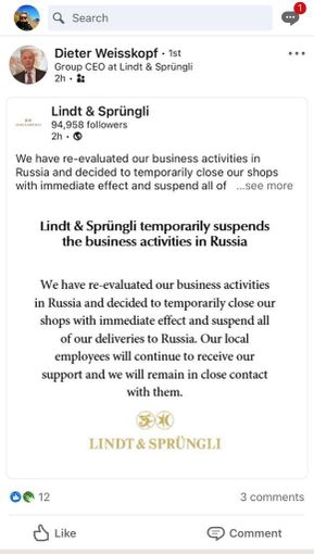 Anche Lindt sospende le sue attività in Russia