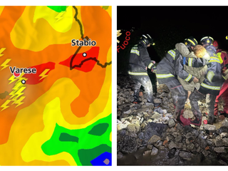 A destra: la situazione di questa notte registrata dal radar di Meteo Swiss. A destra: vigili del fuoco al lavoro nel Comasco