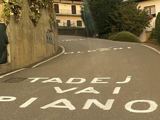 "Tadej vai piano" e, poco più in alto sulla salita delle Cinque Piante, "W Oldani"