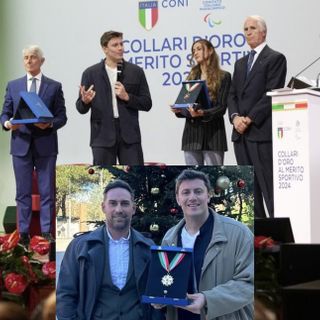 La cerimonia del Coni (Foto Simone Ferraro-Luca Pagliaricci diffusa dall'ente) e sotto Martinenghi con Pedoja, immagine condivisa sui social da quest'ultimo