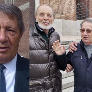 Giancarlo Macchi da solo e a destra in una foto con Angelo Prandoni ed Enrico Puricelli a una cerimonia alcuni anni fa