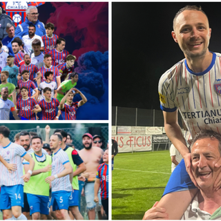 Donato Disabato sulle spalle di papà Michele (a destra) dopo l'ennesima promozione con il Chiasso, salito in seconda lega (a sinistra la fotocomposizione e la foto di @anetajurczenia dalla pagina Facebook ufficiale dell'FC Chiasso)