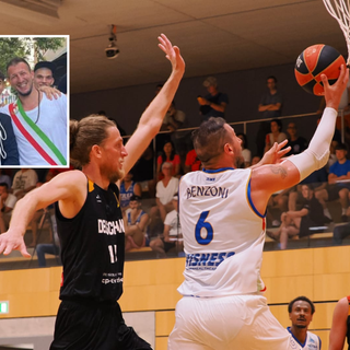 Benzoni in azione nella finale del Campionato del Mondo contro la Germania e, nel riquadro, nell'estate 2022 con il sindaco Emanuele Antonelli