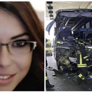 Domenica Russo, maestra della primaria di Cazzago Brabbia, e il pullman dopo l'incidente dello scorso maggio in Pedemontana a Lomazzo
