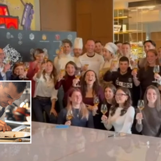 La festa a "Olio" e, nel riquadro chef Andrea Marinelli (foto profilo instagram @ristoranteolio)