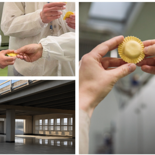 A destra la produzione di un formato a doppia sfoglia sulle linee Scoiattolo, sopra i ragazzi della Cooperativa “Gruppo Amicizia” di Gorla Minore visitano l'azienda e l'ultimo piano del nuovo stabilimento in costruzione progettato per ospitare i nuovi uffici