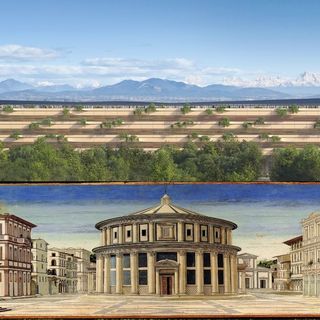 Il rendering con il Grande ospedale della Malpensa e La citta ideale, attribuita alla scuola di Piero della Francesca (foto wikimedia commons)