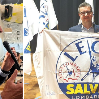 Andrea Cassani con la bandiera della Lega e Roberto Vannacci