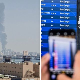 La foto del fumo sopra Dubai dalla nave e a lato un'immagine Adnkronos in aeroporto