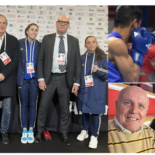 L'amministrazione e Masterboxe con due campionesse azzurre, Testa e Sorrentino. Serra sul ring (Ph FPI/Bozzani) e Gianni Bisterzo, figlio del mitico Bruno, con la moglie