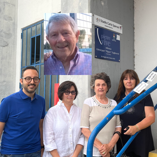 La famiglia Taglioretti con presidente e assessore, e sopra Pippo. Sotto, con l'amico Tognola e al discorso allo Speroni