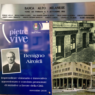 La targa e  Benigno Airoldi. Le sedi nelle foto per cortesia dell'archivio storico Intesa Sanpaolo, a loro volta prese da un opuscolo del Banco lariano