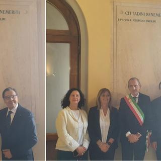 Il nome di Giorgio Paglini inciso sulla lastra dei benemeriti: «Tra coloro che hanno reso grande Busto»