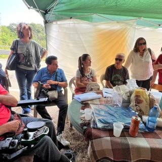 Le immagini della conferenza stampa e, sotto, del cantiere, con i rifiuti raccolti dagli attivisti nel bosco