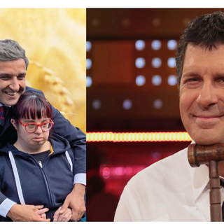 Flavio Insinna nell'immagine della campagna Unitalsi e Fabrizio Frizzi (foto Rai)