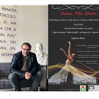 Luca Galli e la locandina dell'evento organizzato per le donne iraniane