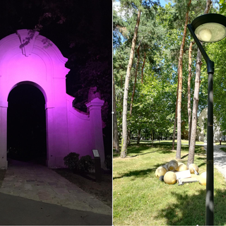 L'arco &quot;a colori&quot; e un nuovo lampione. Sotto i lavori e il sindaco Cerini