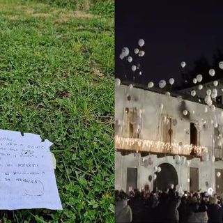 La letterina postata sulla pagina Facebook Podere Casanova Montepulciano e, a destra, il lancio dei palloncini a Villa Gonzaga