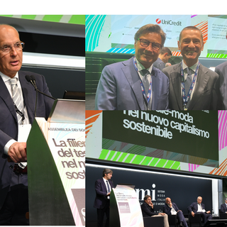 Sergio Tamborini, un momento dell'assemblea, i varesini Grassi, Brugnoli e Vago: nell'altra foto anche Brugnoli e Grassi con il neo presidente di Confindustria Como Gianluca Brenna, anche lui tessile