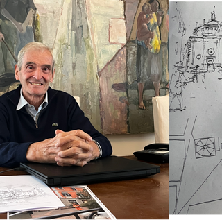 L'architetto Stefano Castiglioni e alcuni disegni del padre, eseguiti a memoria