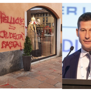L'azione degli imbrattatori e a fianco il presidente di Confcommercio Busto Rudy Collini