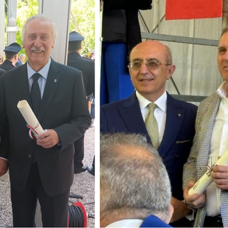 Nella foto a sinistra, Alessandro Albani con Danilo Francesco Guerini Rocco (a sinistra) e Sergio Ferrario. Nell'altra foto, Giovanni Colombo con la pergamena e, alla sua destra, il prefetto Salvatore Pasquariello