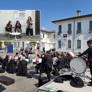 Esordio in musica davanti a palazzo Marliani Cicogna per BA Book. Nel riquadro, da sinistra, Samanta Cornaviera, Anna Prandoni, Manuela Maffioli
