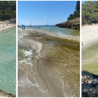 La caletta incontaminata di Trebaluger a Minorca prima (a sinistra), durante l'irruzione del fiume che travolge l'argine e dopo qualche minuto (a destra): l'acqua da turchese è verde. Sotto in gallery le immagini prima, durante e dopo il fenomeno che ha fatto temere il peggio a tanti turisti, anche italiani e varesini