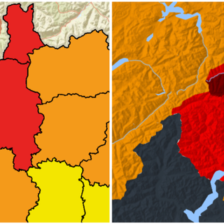 L'allerta rossa e arancione per la provincia di Varese (rossa nel nord, cioè zona laghi e Prealpi) della protezione civile e, a destra, quella di Meteo Svizzera