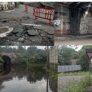 In alto, corso XX Settembre: manto "saltato" e infiltrazioni dall'alto. Sotto il ponticello allagato e il vicino sottopasso della salvezza