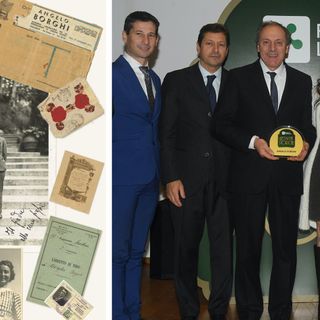 A sinistra, il fondatore Angelo Borghi e alcuni documenti storici. A destra, la terza e quarta generazione (Aldo Tosi  con la figlia Miriam) alla premiazione delle attività storiche di Regione Lombardia