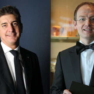 A sinistra Nicola Dell'Agnolo, Direttore di Sala de &quot;Il Luogo di Aimo e Nadia&quot;, due stelle Michelin di Milano; a destra Simone Pinoli, Restaurant Manager de “La Pergola” di Roma dello Chef tre stelle Michelin Heinz Beck