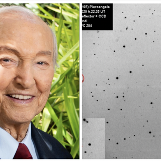 In alto a sinistro: Piero Angela. A destra: l'asteroide che porta il suo nome fotografato dalla Società Astronomica Schiaparelli