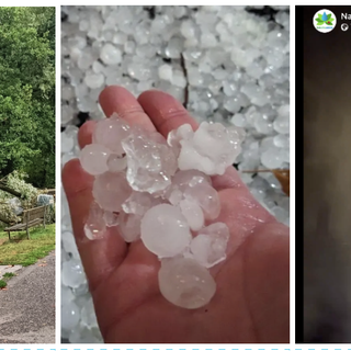 Da sinistra: un albero caduto a Gaivate, la grandine di Saronno e un fermo immagine di un video di Natural Meteo che documenta il forte temporale di stanotte a Leggiuno