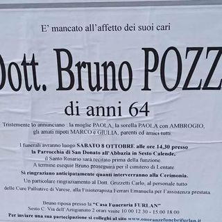 Il necrologio che annuncia la scomparsa del dottor Bruno Pozzi