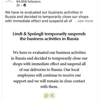 Anche Lindt sospende le sue attività in Russia