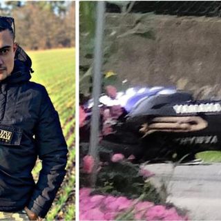 Mattia Vitali e, a destra, la sua Yamaha distesa sull'asfalto dopo il tragico incidente di questa mattina tra Varese e Casciago
