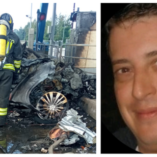 A sinistra: l'auto distrutta dalle fiamme. A destra: la vittima, Pietro Balzarini (foto Matteo Inzaghi Rete55.it)