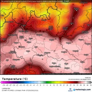 La cartina prevista per domani, venerdì 22 luglio, e postata da Bertoni: tra un giorno la massima storica mai registrata a Varese potrebbe dover essere aggiornata