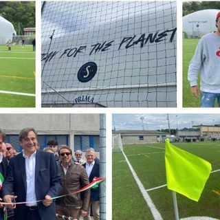 Claudio Milanese, patron della Solbiatese, all'inaugurazione del nuovo centro sportivo di Solbiate Arno, il taglio del nastro con il sindaco Battiston e il vice presidente del consiglio regionale Cosentino, i giocatori della Solbiatese Scapinello, Mondoni e Torraco sui nuovi campi e il pallone con i 3 campi da padel