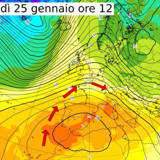 La cartina postata dal Centro Geofisico Prealpino con l'arrivo di masse d'aria di origine subtropicale causata dall'anticiclone posizionato tra Algeria, Marocco e Spagna
