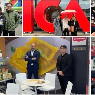 Lo Scoiattolo porta la pasta varesina da Varese al mondo: qui sopra Matteo Di Caro presente nei giorni scorsi al Sial, il Salone Internazionale dell'Alimentazione di Parigi, dove sono stati cucinati anche i prodotti dell'azienda di Lonate Ceppino. Sopra è con la famiglia alla sede svedese del colosso della grande distribuzione svedese Ica