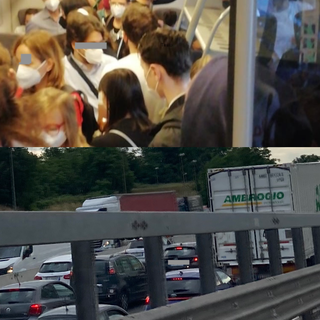 La folla su un treno ieri proveniente da Busto e fermo a Porta Garibaldi e la coda a Castellanza in Autolaghi. Sotto l'8.22 oggi a Castellanza, poi Rescaldina e Saronno