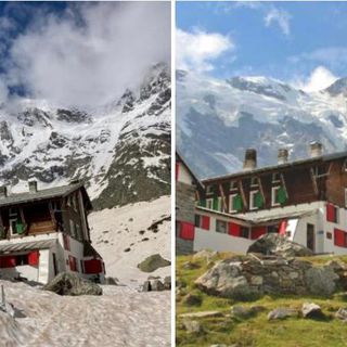 DOUBLE FACE Il mitico rifugio Zamboni Zappa con la neve e senza: è situato a 2070 metri nella suggestiva conca prativa dell’Alpe Pedriola, ai piedi della parete est del Monte Rosa (4635m) nel comune Walser di Macugnaga