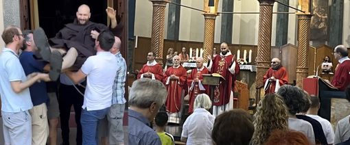 Don Lorenzo mentre celebra a destra e a lato mentre viene lanciato scherzosamente in aria (foto social dell'oratorio di Sant'Edoardo)